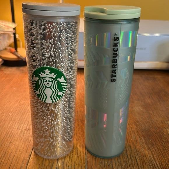 Starbucks Other - Starbucks Holiday Ribbon Tumbler Set Icy Blue & Mint Frosted 16oz 2pc